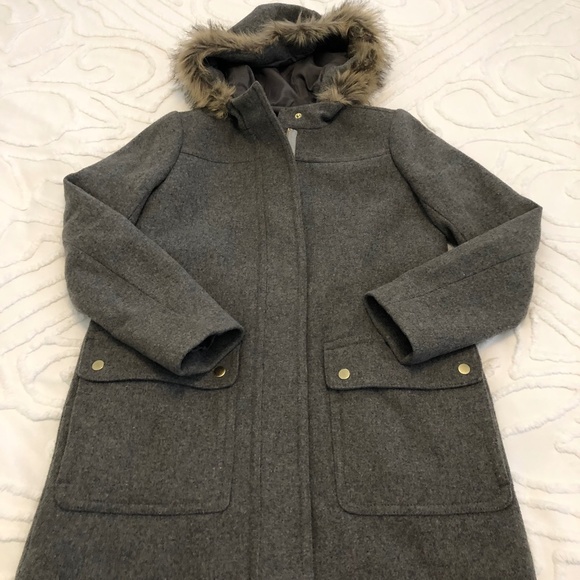 ECU J. Crew Mercantile Womens Size 2 Wool Blend Faux Fur Hooded Long Jacket Coat